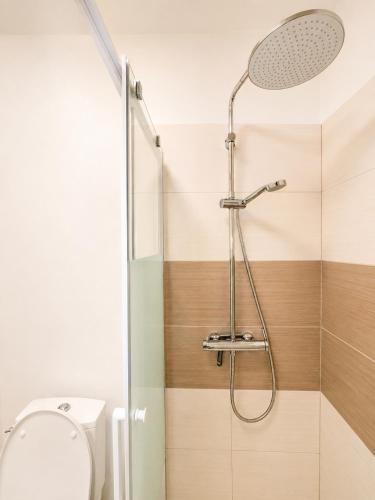 a shower in a bathroom with a toilet at chambres d'hotes des capellas in Bessens