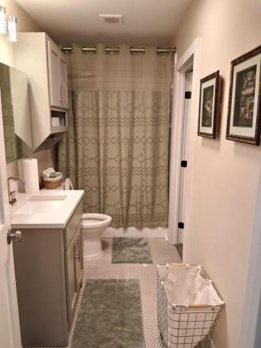 a bathroom with a toilet and a shower curtain at Xscapecation Oasis III in Tulsa