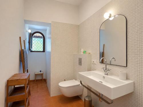 a bathroom with a sink and a toilet and a mirror at Villa Florineth in Simius