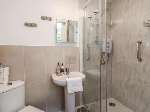 a bathroom with a shower and a sink and a toilet at Oakwood Annexe in Colchester