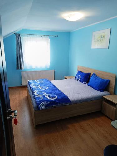 a bedroom with blue walls and a bed with blue pillows at Vila Vali in Şuncuiuş