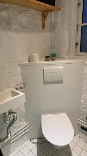ein Badezimmer mit weißer Toilette und Waschbecken in der Unterkunft Gróthusið in Sørvágur