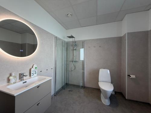 a bathroom with a sink and a toilet and a mirror at Kongens Gate Rooms in Kristiansand