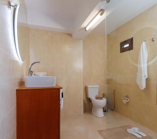a bathroom with a toilet and a sink and a shower at Linas Concept in Fourfourás