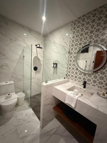 a bathroom with a sink and a toilet and a mirror at Hotel Residencial in Mérida