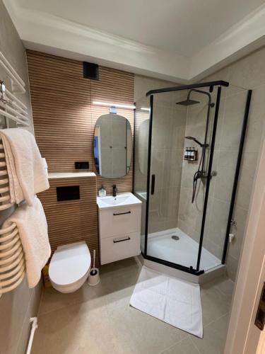 a bathroom with a shower and a toilet and a sink at Apartament Witosa in Tarnów
