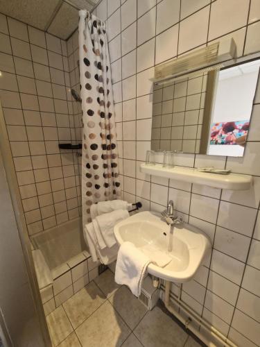 a bathroom with a sink and a mirror and a shower at Hôtel De France in Thann