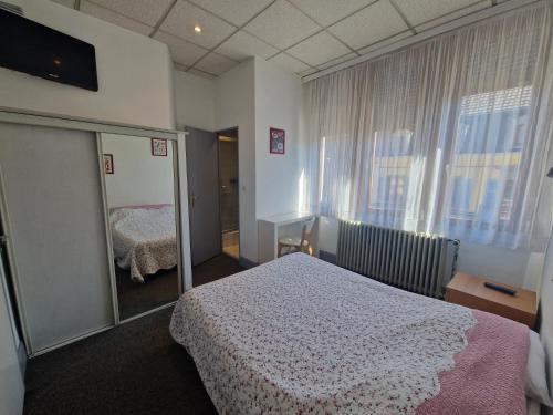 a bedroom with a bed and a mirror in it at Hôtel De France in Thann
