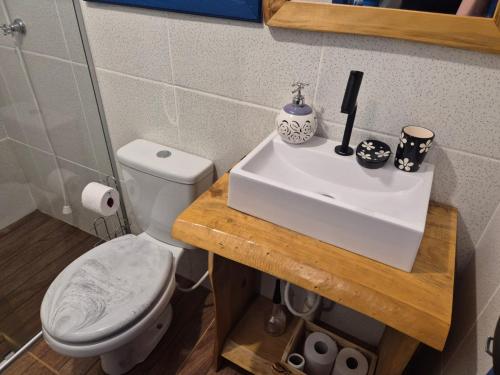 a bathroom with a white sink and a toilet at Cabanas Laura in São Francisco de Paula