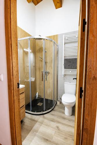 a bathroom with a glass shower and a toilet at Jaricha in Cabezas Altas