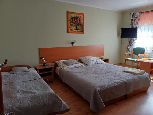 a bedroom with two beds and a desk and a tv at Agroturystyka Zielony Ogród in Ścinawka Średnia