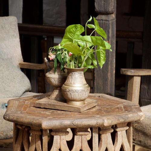 a vase with a plant on a wooden table at The Famous Farm in Nawākot
