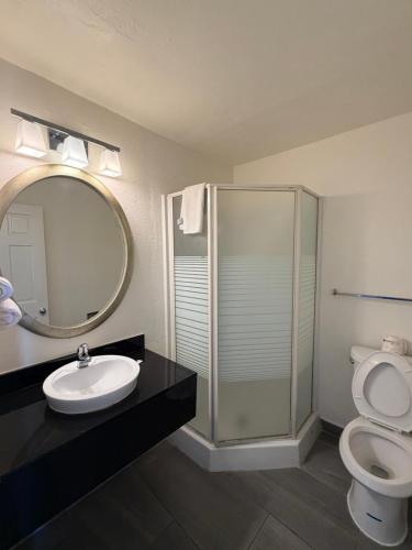 a bathroom with a toilet and a sink and a mirror at Travel Inn in Greensboro