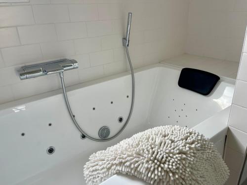 a bath tub with a shower head and a rug at Paradisier, clim, grande terrasse, balneo, Parc des Oiseaux in Villars-les-Dombes