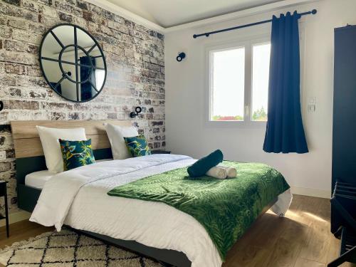 a bedroom with a large bed and a mirror at Paradisier, clim, grande terrasse, balneo, Parc des Oiseaux in Villars-les-Dombes