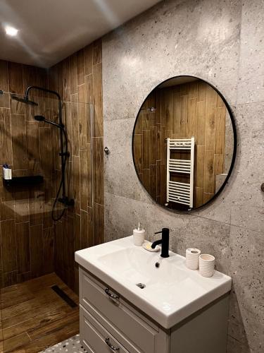 a bathroom with a sink and a mirror at Mount House Mavrovo in Mavrovo