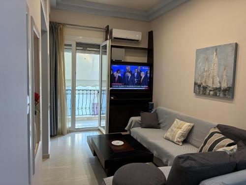 a living room with a couch and a tv at Dream Home Thiva in Thiva
