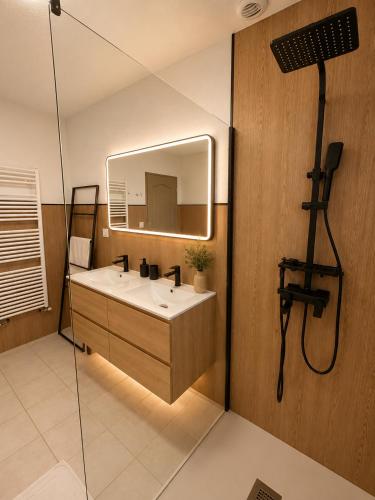 a bathroom with a sink and a mirror at Maison Mirepoix 100m2 in Mirepoix