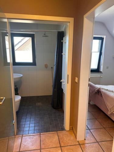 a bathroom with a sink and a toilet and a window at Oase für Reisende & Geschäftsleute in Meerbusch