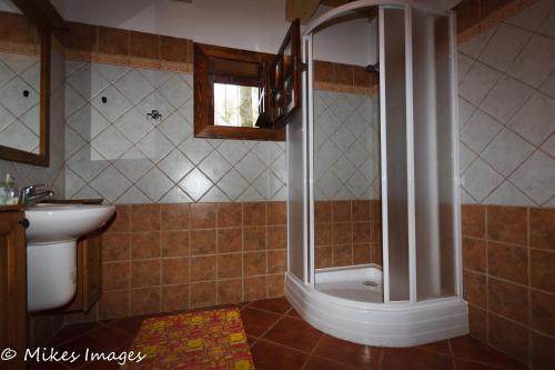 a bathroom with a shower and a sink at Chata u sváka Jana in Terchová
