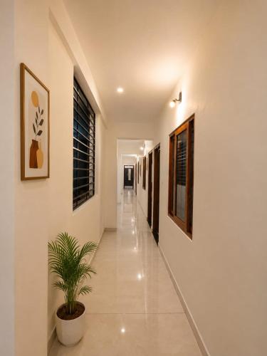 a hallway with white walls and a plant in a pot at K K Residency in Alwaye