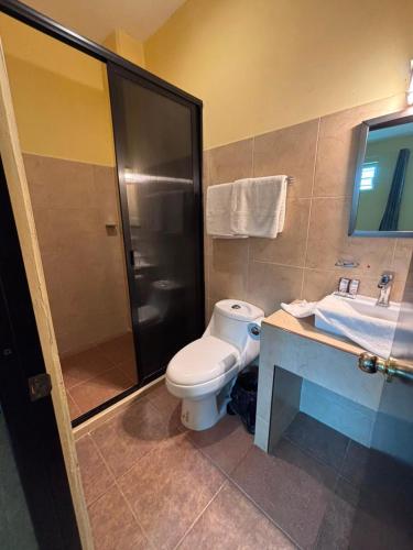 a bathroom with a toilet and a shower and a sink at Hotelito Fiesta Caribena in Coatzacoalcos