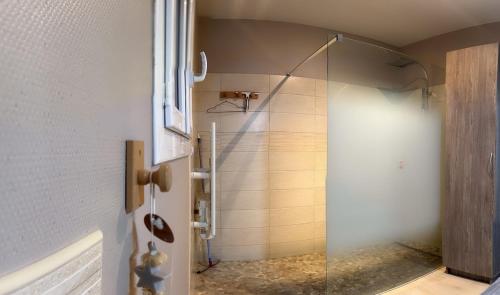 a shower with a glass door in a bathroom at Gîte Chez Clara in Rocamadour