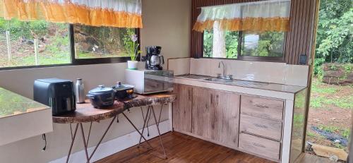 a kitchen with a counter and a sink and two windows at Bosque Alto Lodge in Platanal