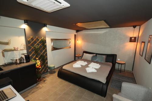 a small bedroom with a bed and a desk at Apartman Spa Zelena dolina in Kragujevac