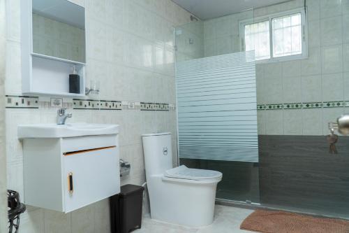 a bathroom with a toilet and a shower and a sink at bohiostay in Azua