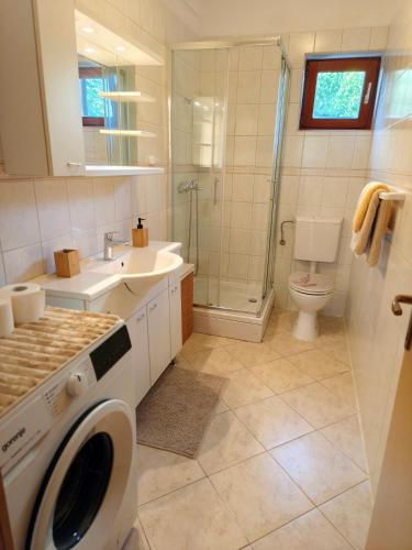 a bathroom with a toilet sink and a washing machine at Apartman Ivona in Zadar