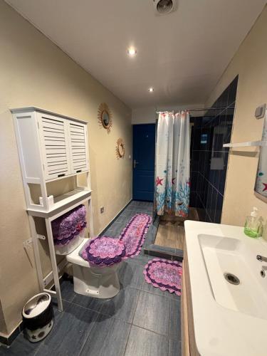 a bathroom with a sink and a toilet and a shower at La Villa La ri Deye in Kourou