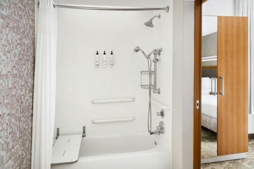 a bathroom with a shower with a tub at Springhill Suites by Marriott Detroit Metro Airport Romulus in Romulus