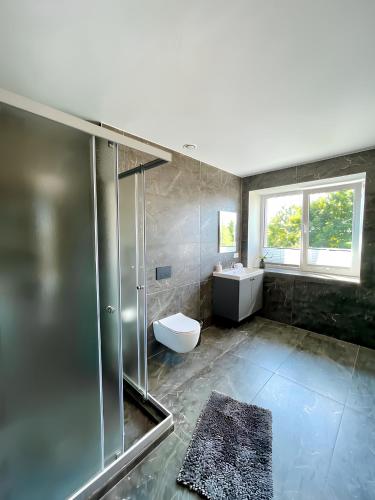 a bathroom with a shower and a toilet and a sink at Saules apartment Klaipeda in Klaipėda