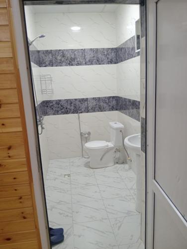 a bathroom with a toilet and a sink at Brick Villas in Qusar
