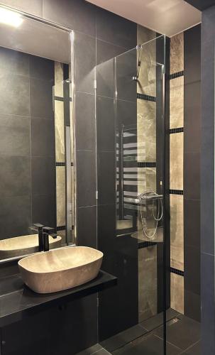 a bathroom with a sink and a glass shower at Lesní Mlýn Depandance in Mariánské Lázně
