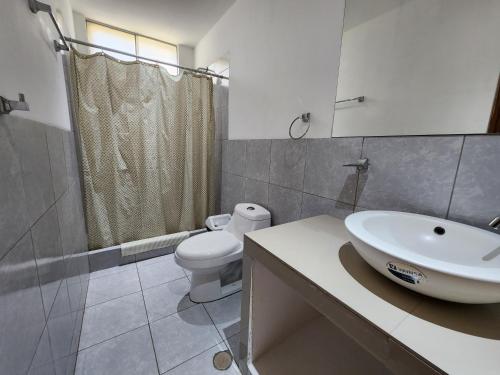 a bathroom with a sink and a toilet and a shower at Akas Hotel Apartamentos in Canoas de Punta Sal