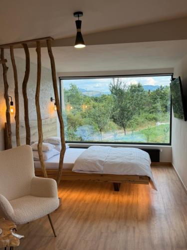 a bedroom with a bed and a large window at KUBIQ 2 Transalpina in Sebeş
