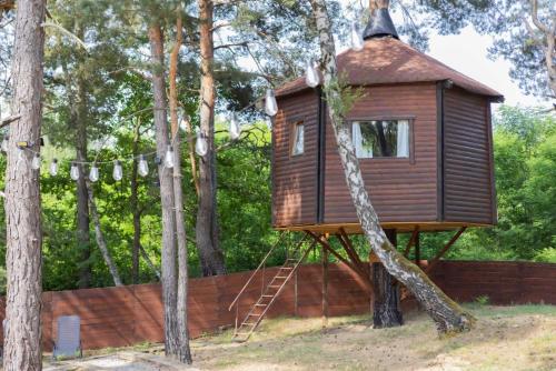 a tree house in the middle of the woods at Tesla`s Valley in Smiljan