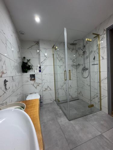 a bathroom with a shower and a sink at Na Snozie in Milówka