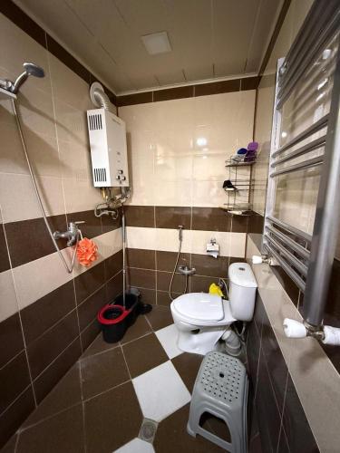 a bathroom with a toilet and a shower at Relax in mountains in İsmayıllı