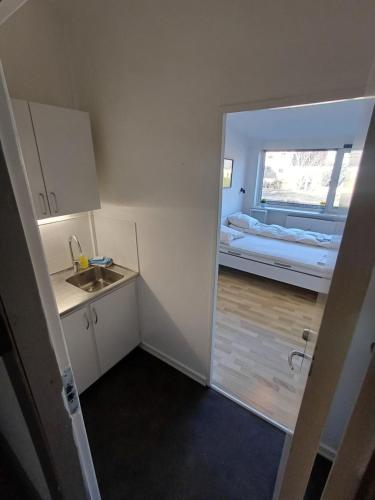 a small kitchen with a sink and a window at Double room 5 with Free Parking in Nørresundby