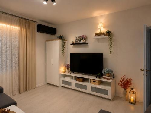 a living room with a flat screen tv on a wall at Casa de Flores in Knjazevac.