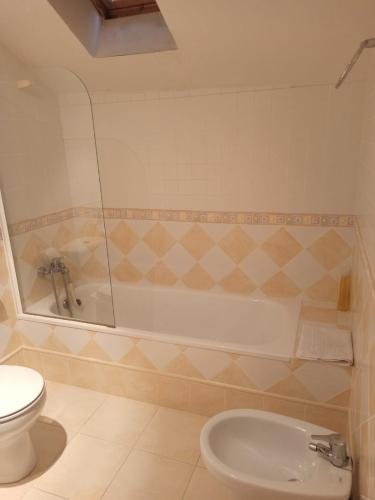 a bathroom with a toilet and a tub and a sink at La Ribera del Río in Trefacio