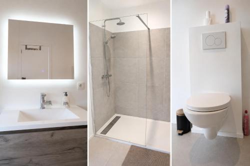 two pictures of a bathroom with a toilet and a sink at Élégant stays in Vilvoorde