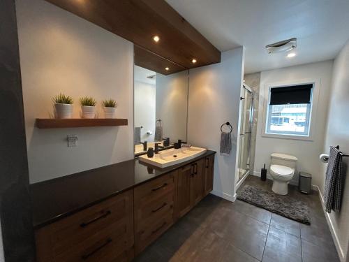 a bathroom with a sink and a toilet at Le Quai 163 in La Macaza
