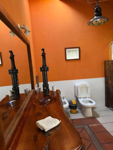 a bathroom with a wooden sink and a toilet at Ashpa apart in Cafayate