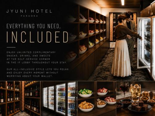 Ein Flyer für ein Restaurant mit einer Frau, die in einen Kühlschrank schaut. in der Unterkunft 十二ホテル -福岡空港- in Fukuoka