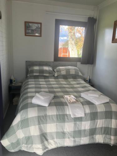 a bedroom with a bed with two pillows and a window at Cameo B&B in Matamata