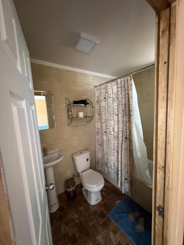 a small bathroom with a toilet and a sink at Rincon del Inca in San Pedro de Atacama